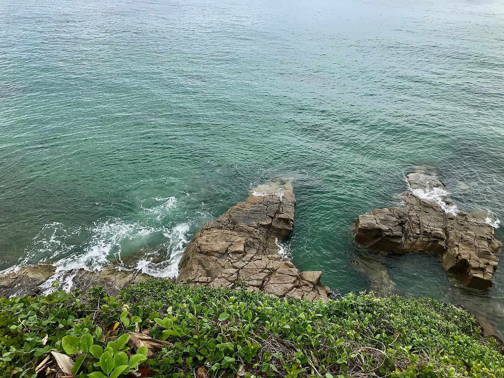 Coastal track at Noosa National Park looking across to Hell's Gates. Narrow path through banksia, ocean bright blue to the right, a few walkers ahead. Mid-morning, high sun, clean horizon.
